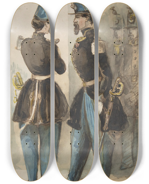 Triptych art skateboard deck of Constantin Guys Officers Of The Guard by Constantin Guys (1805-1892)