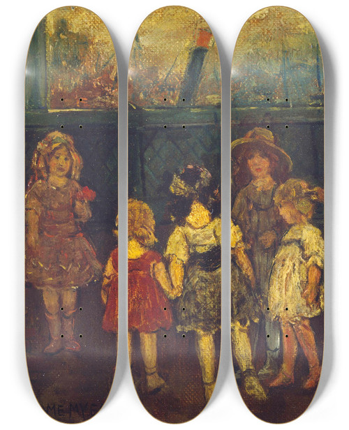 Triptych art skateboard deck of Jerome Myers Recreation Pier by Jerome Myers (1867-1940)