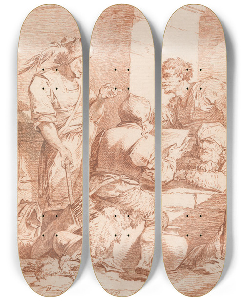 Triptych art skateboard deck of Philip James De Loutherbourg Corps De Garde Barbarians Defeated By A Book by Philip James De Loutherbourg (1740-1812)