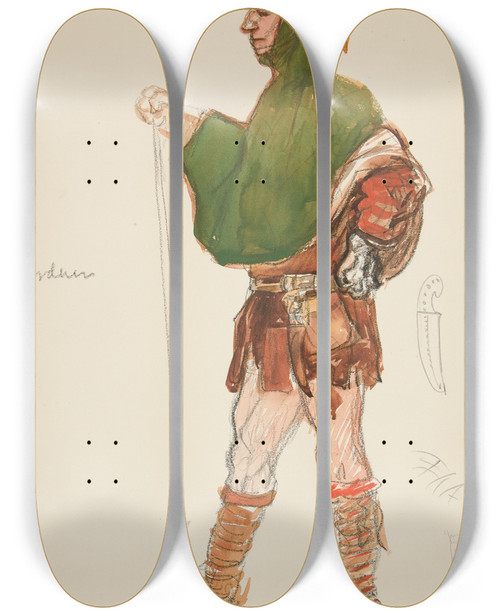 Triptych art skateboard deck of Edwin Austin Abbey Gardener Costume Sketch For Henry Irvings Planned Production Of King Richard Ii_2 by Edwin Austin Abbey (1852-1911)