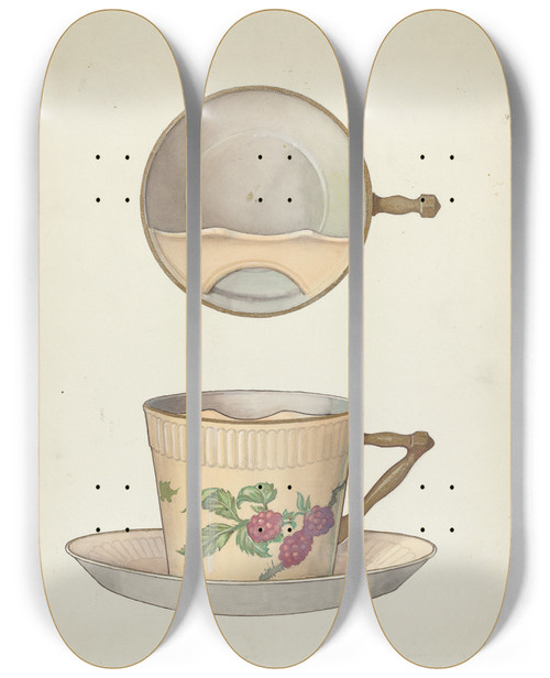 Triptych art skateboard deck of Dana Bartlett Mustache Cup And Saucer by Dana Bartlett