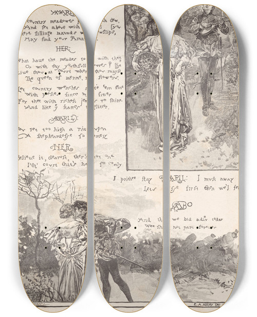 Triptych art skateboard deck of Edwin Austin Abbey A Dialogue Betwixt Himself And Mistress Eliza Wheeler By Robert Herrick by Edwin Austin Abbey (1852-1911)