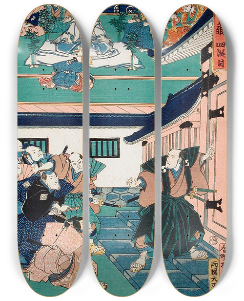 Triptych art skateboard deck of Utagawa Kunisada Toyokuni Iii Act Iv Enya Asking For Yuranosuke Before Committing Suicide Yuranosuke Shows The Sword Used For Suicide To Enyas Retainers by Utagawa Kunisada (Toyokuni III) (1786-1865)