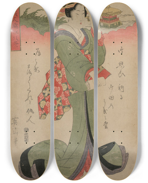Triptych art skateboard deck of Kikukawa Eizan Descending Geese At Katata From The Series Elegant Women And The Eight Views Of Lake Biwa by Kikukawa Eizan (1787-1867)