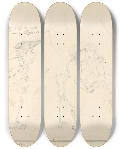 Triptych art skateboard deck of George Moutard Woodward Matrimonial Comforts A Return From A Walk by George Moutard Woodward (1765-1809)