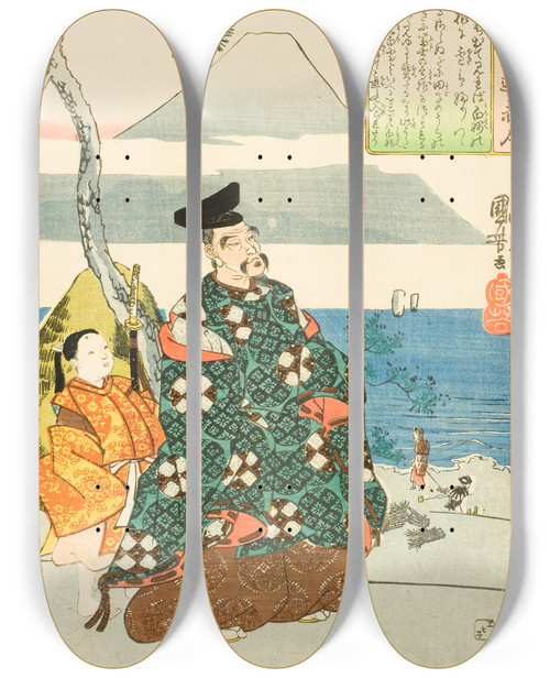 Triptych art skateboard deck of Utagawa Kuniyoshi The Poet Yamabe No Akahito by Utagawa Kuniyoshi (1797-1861)