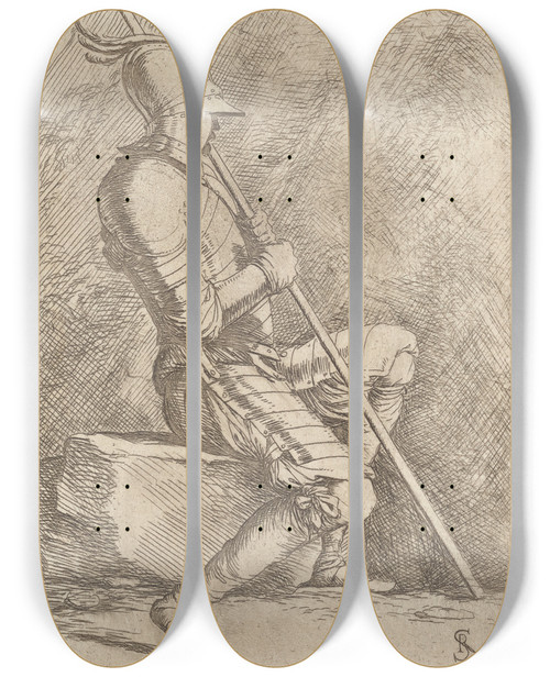 Triptych art skateboard deck of Salvator Rosa Soldier Seated In A Helmet Holding A Cane by Salvator Rosa (1615-1673)