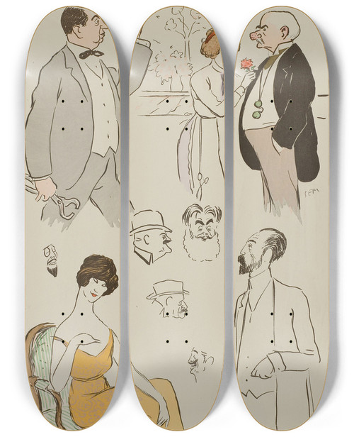 Triptych art skateboard deck of Georges Goursat Sem Dans Le Hall Lhtel De Paris by Georges Goursat (Sem) (1863-1934)