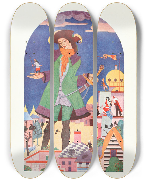 Triptych art skateboard deck of Jean De Bosschre Gulliver by Jean de Bosschre (1878-1953)