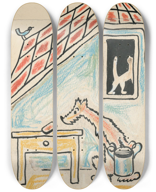 Triptych art skateboard deck of Josef Apek I Had A Dog And A Cat Pl 03 by Josef apek (1887-1945)