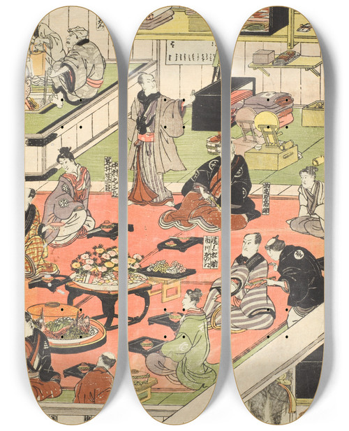 Triptych art skateboard deck of Utagawa Kunisada Toyokuni Iii Backstage Celebrations Of A Fullhouse Hit At The Nakamura Theater by Utagawa Kunisada (Toyokuni III) (1786-1865)