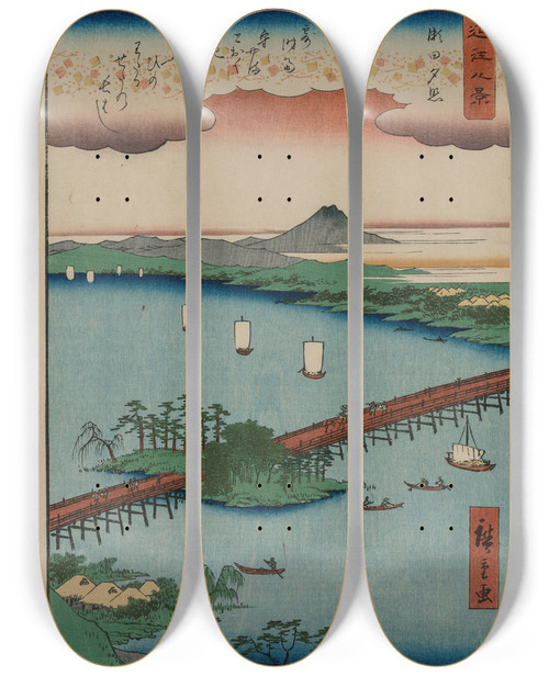 Triptych art skateboard deck of And Hiroshige Evening Glow At Seta From The Series Eight Views Of Mi by Ando Hiroshige (1797-1858)