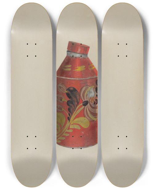 Triptych art skateboard deck of William Frank Toleware Tea Caddy by William Frank