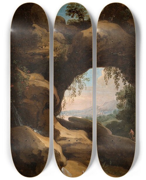Triptych art skateboard deck of Jan Asselijn Landscape With Views Through The Cave by Jan Asselijn (1610-1652)