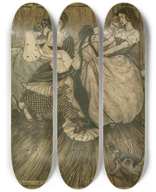 Triptych art skateboard deck of Arthur Rackham And The Maids Cried Good Gracious How Very Tenacious by Arthur Rackham (1867-1939)