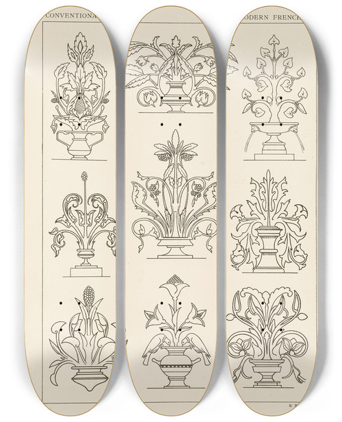 Triptych art skateboard deck of George Ashdown Audsley Outlines Of Ornament In The Leading Styles Pl58 by George Ashdown Audsley (1838-1925)