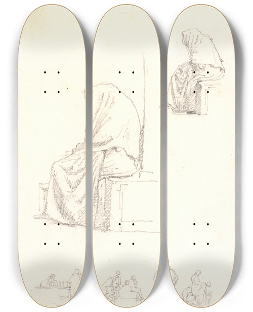Triptych art skateboard deck of Christen Kbke Skitseblad Med Studier Af Siddende Gammel Kone Og Bedende Figurer by Christen Kobke (1810-1848)