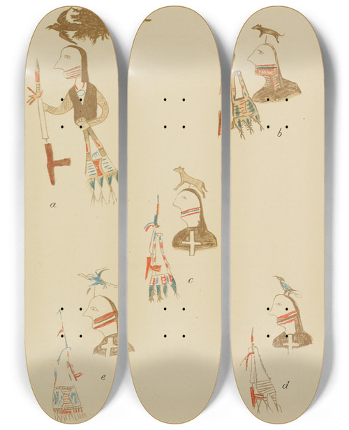 Triptych art skateboard deck of Garrick Mallery Oglala Chiefs by Garrick Mallery (1831-1894)