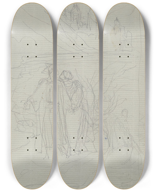 Triptych art skateboard deck of Victor Mller Schreitendes Paar Am Ufer Rechts Ein Kahn Mit Schiffer by Victor Muller (1829-1871)
