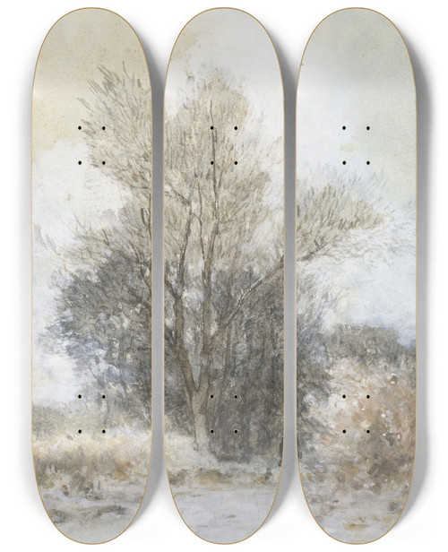 Triptych art skateboard deck of Maria Bildersvan Bosse Wandelaar In De Sneeuw Bij De Rand Van Een Bos by Maria Bilders-van Bosse (1837-1900)