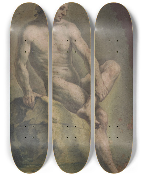 Triptych art skateboard deck of Josef Neher Akt Eines Auf Einem Stein Sitzenden Mannes Nach Rechts Blickend by Josef Neher