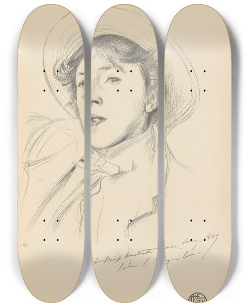 Triptych art skateboard deck of John Singer Sargent Portraitsketch Of Miss Paget Vernon Lee by John Singer Sargent (1856-1925)