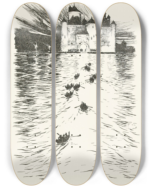 Triptych art skateboard deck of Arthur Rackham On The Opposite Side Of The Lake Stood A Splendid Brightlylighted Castle by Arthur Rackham (1867-1939)