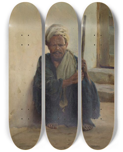 Triptych art skateboard deck of Henrybrokman Louxor Arabe Tenant Un Bton Assis Dans Une Rue by HenryBrokman (1868-1933)