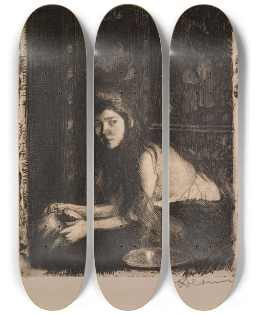 Triptych art skateboard deck of Albert Besnard La Femme Au Vase by Albert Besnard (1849-1934)