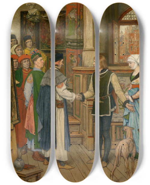 Triptych art skateboard deck of Albert Frans Lieven De Vriendt The Magistrates Visit The Workshop Of Jan Van Eyck by Albert Frans Lieven De Vriendt (1843-1900)