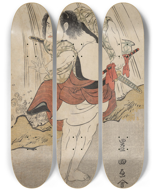 Triptych art skateboard deck of Toyokuni Utagawa Kataoka Nizaemon Vii And Ichikawa Yaozo Iii In A Confrontation Beside A Waterfall_2 by Toyokuni Utagawa (1769-1825)