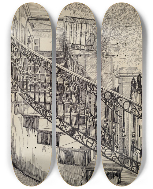 Triptych art skateboard deck of Thomas Byrne Iron Balcony by Thomas Byrne