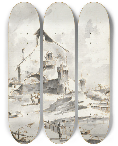 Triptych art skateboard deck of Giacomo Guardi Capricci Of Houses With Figures By Water by Giacomo Guardi (1764-1835)