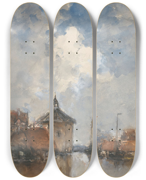 Triptych art skateboard deck of Johannes Gijsbert Vogel Havengezicht Met Schepen En Een Ronde Toren by Johannes Gijsbert Vogel (1828-1915)