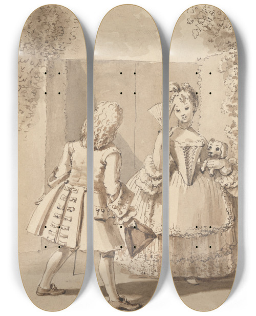 Triptych art skateboard deck of John Thomas Smith Hogarth Declaring His Love To Miss Thornhill by John Thomas Smith (1766-1833)