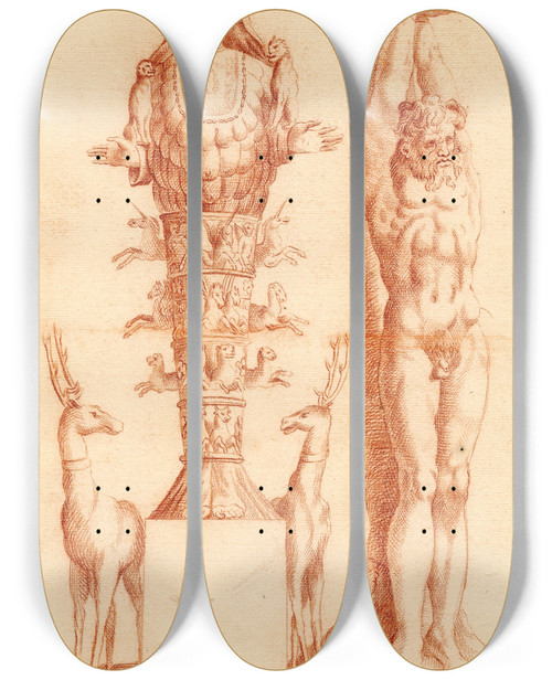 Triptych art skateboard deck of Cornelis Pronk Beelden Van Marsyas En De Natuur by Cornelis Pronk (1691-1759)