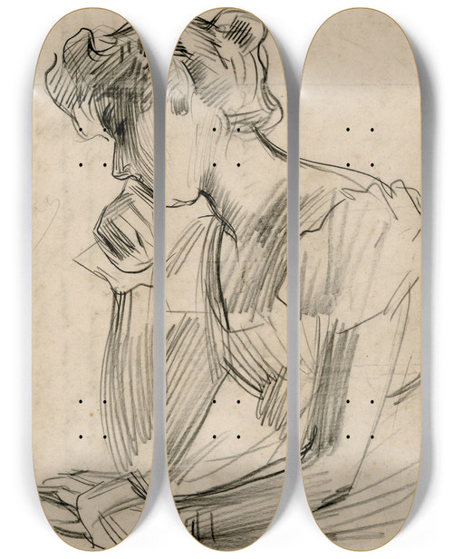 Triptych art skateboard deck of Nicolaas Van Der Waay Jonge Vrouw In Peinzende Houding by Nicolaas van der Waay (1855-1936)