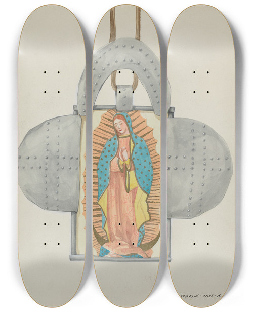 Triptych art skateboard deck of Majel G Claflin Hand Drawn Guadalupe In Tin Form by Majel G Claflin (1893-1941)