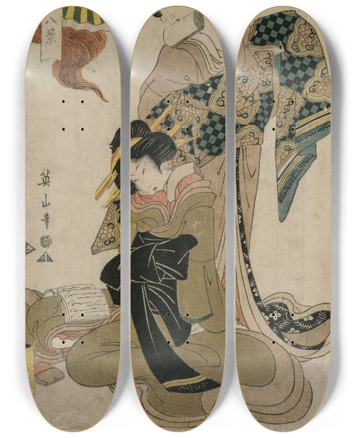Triptych art skateboard deck of Kikukawa Eizan Haze On A Clear Day At Stone Bridge From The Series Eight Elegant Views Of Chanted Accompanimnets For Kabuki Plays by Kikukawa Eizan (1787-1867)