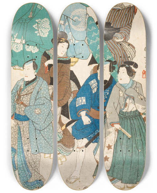 Triptych art skateboard deck of Utagawa Kuniyoshi Celebrating Spring Kabuki Actors Disguised As A Street Crowd_1 by Utagawa Kuniyoshi (1797-1861)