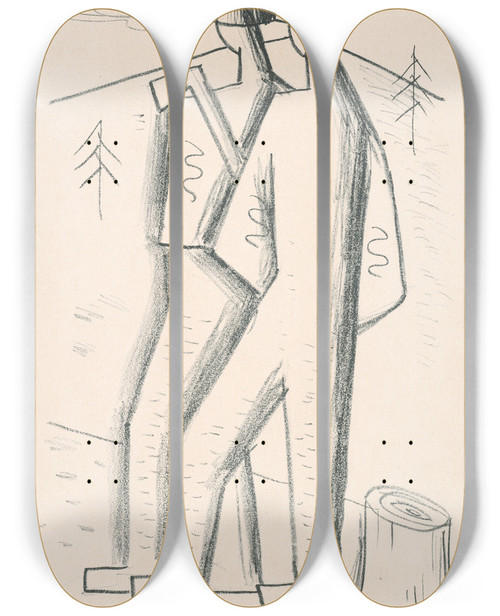 Triptych art skateboard deck of Mikul Galanda Woodcutters by Mikulas Galanda (1895-1938)