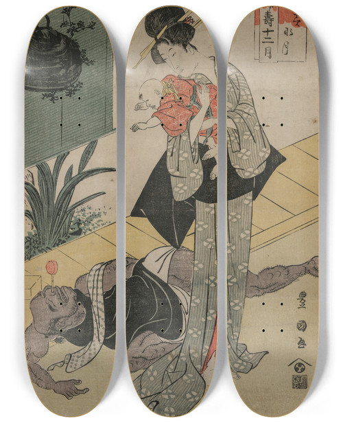 Triptych art skateboard deck of Toyokuni Utagawa The Sixth Month From The Series The Twelve Felicitous Months In Edo Brocades by Toyokuni Utagawa (1769-1825)