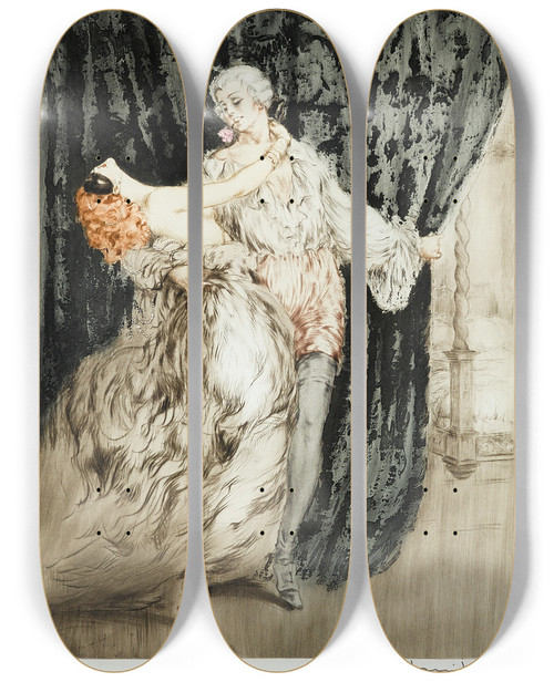 Triptych art skateboard deck of Louis Icart Don Juan by Louis Icart (1888-1950)