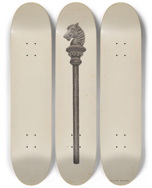 Triptych art skateboard deck of Hilda Olson Horse Head Hitching Post by Hilda Olson