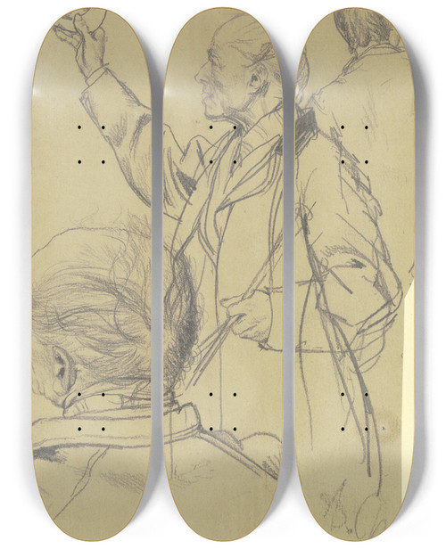 Triptych art skateboard deck of Adolph Von Menzel Zwei Zuschauer Fr Das Gemlde Abreise Knig Wilhelms I Zur Armee Am 31 Juli 1870 by Adolph Von Menzel (1815-1905)
