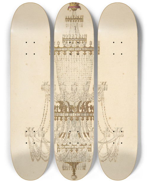 Triptych art skateboard deck of Edmund Thomas Parris Large Chandelier At Carlton House Pall Mall by Edmund Thomas Parris (1793-1873)