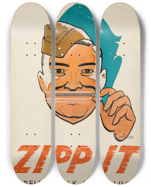 Triptych art skateboard deck of Radcliffe Zipp It Careless Talk Costs Lives by Radcliffe (20-)