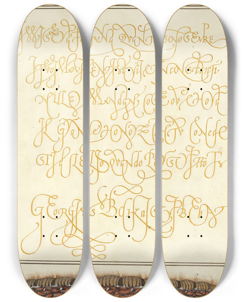 Triptych art skateboard deck of Joris Hoefnagel Larva Of An Oak Egger Moth by Joris Hoefnagel (1542-1600)