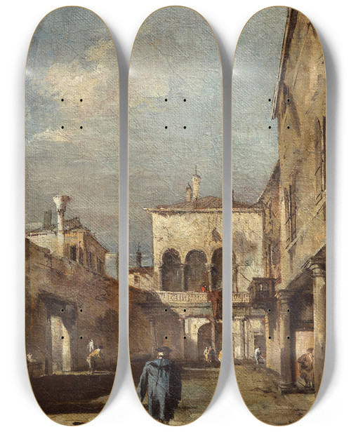Triptych art skateboard deck of Francesco Guardi Architectural Fantasy With A Courtyard by Francesco Guardi (1712-1793)