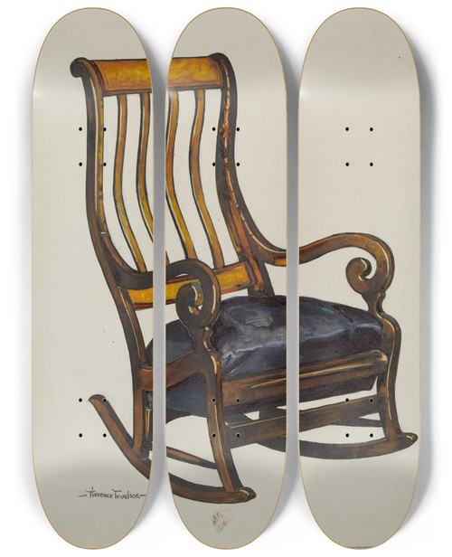 Triptych art skateboard deck of Florence Truelson Rocker With Black Horsehair Seat by Florence Truelson